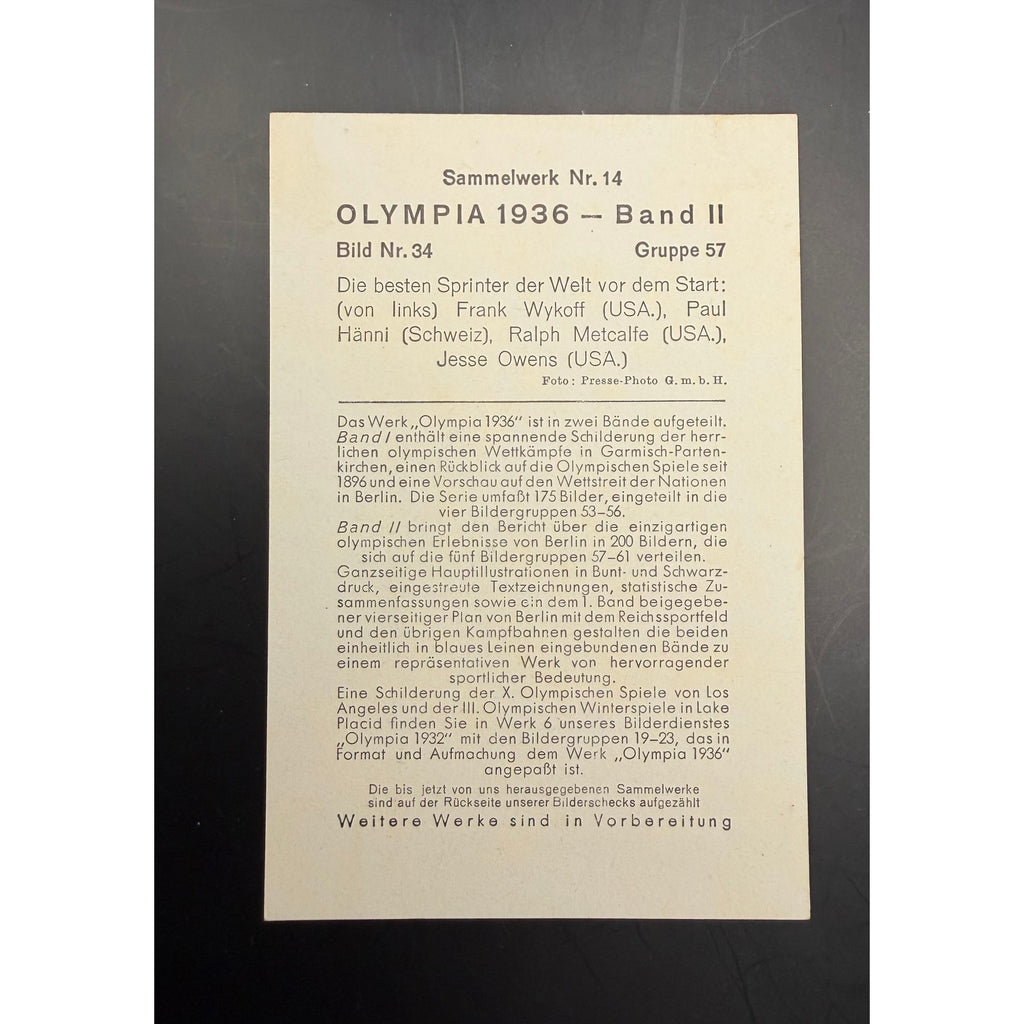 1936 Sammelwerk Olympia Jesse Owens Card Olympic Gold Medal, Track, Nr 14, Bild Nr 34, Gruppe 57
