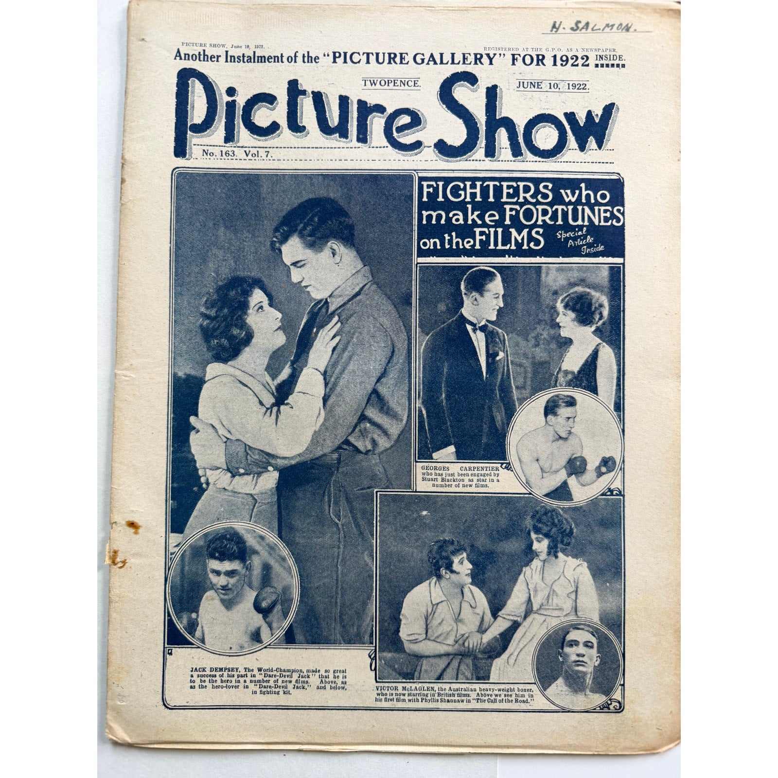 1922 Jack Dempsey Magazine UK Picture Show Manassa Mauler, Heavyweight Champ Boxing