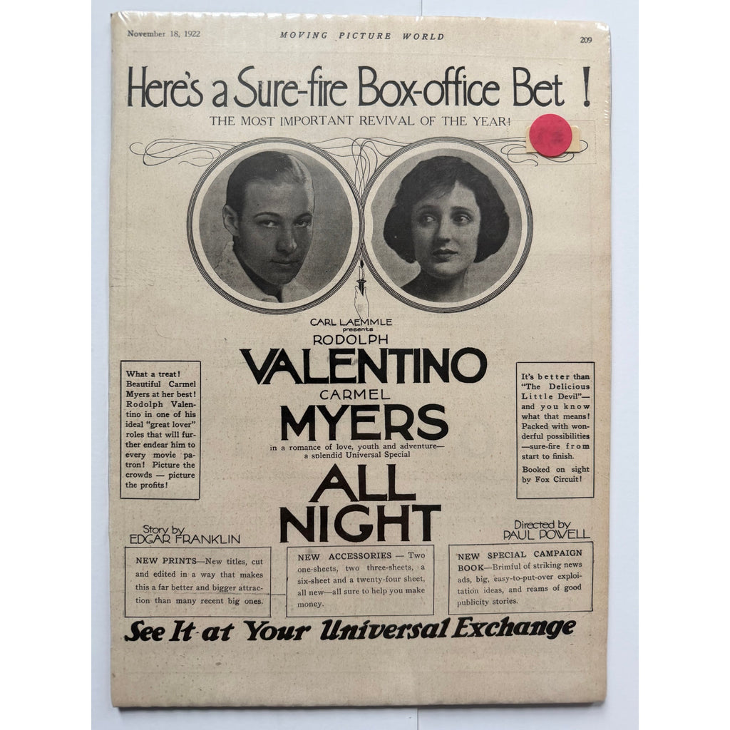 Rare Rudolph Valentino All Night Movie Ad Carmel Myers Hollywood, Sheik, Cobra, Blood and Sand, Four Horsemen of the Apocalypse, Eagle