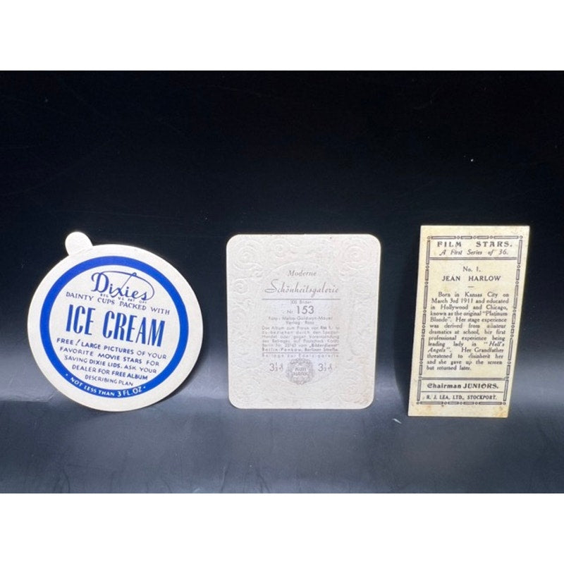 3 RARE 1930s Jean Harlow Cards Garbaty, Dixies Cup, Chairman Juniors Hollywood, Platinum Blonde, Dinner at Eight, Public Enemy, Riff Raff