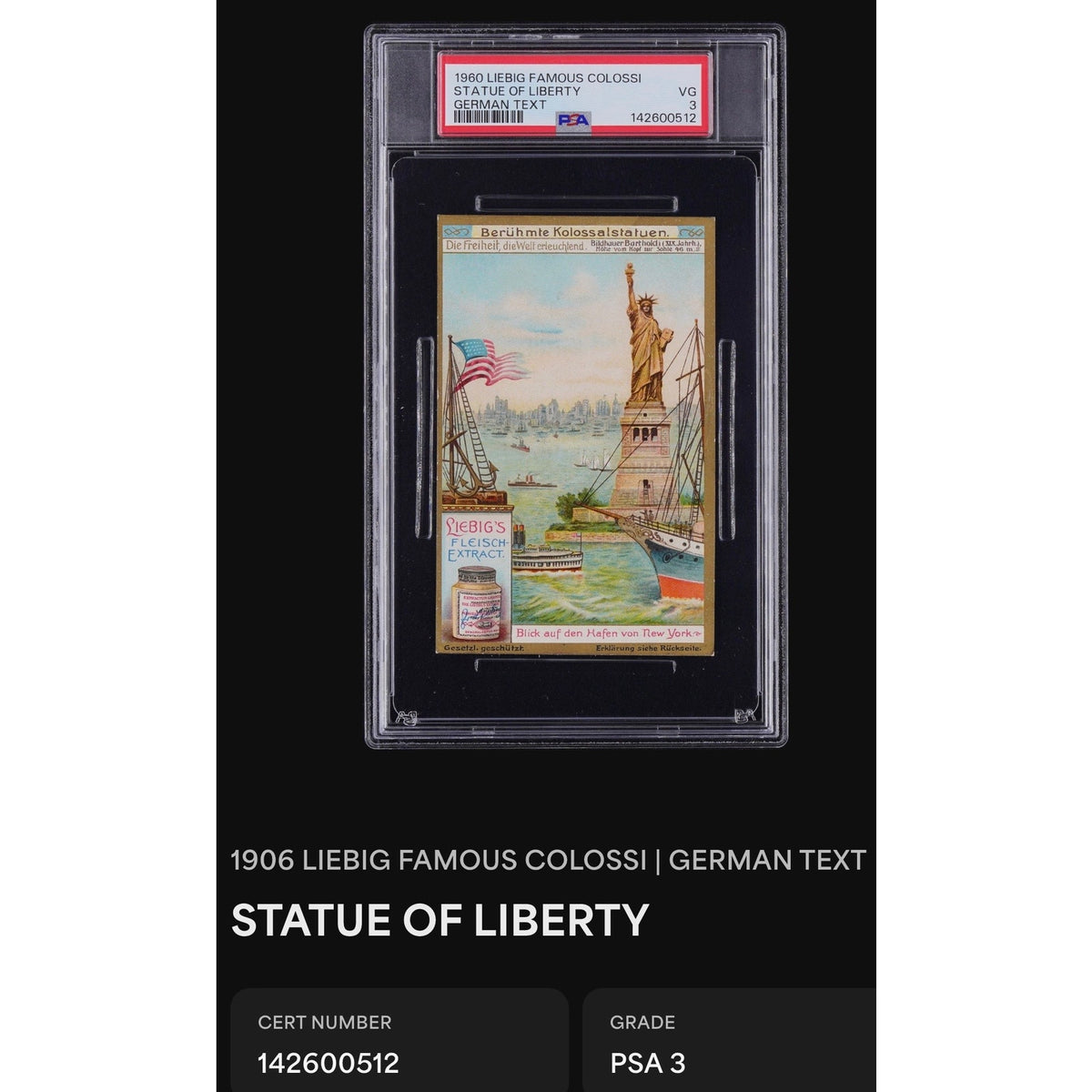 RARE German 1906 Liebig Famous Colossi Statue of Liberty Card Only 5 Graded! New York Harbor, Lady Liberty