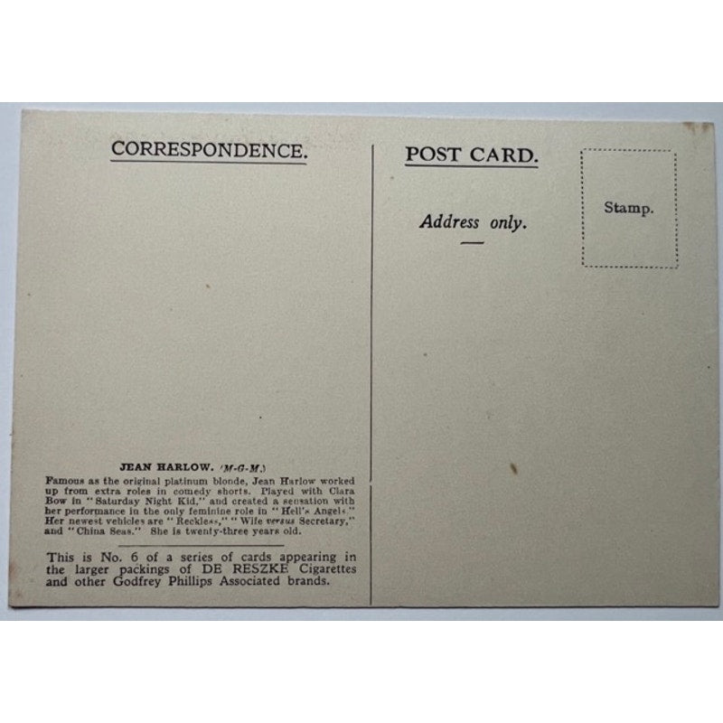 RARE 1930's Jean Harlow Post Card De Reszke, Godfrey Phillips #6 Platinum Blonde, Dinner at Eight, Saratoga, Public Enemy