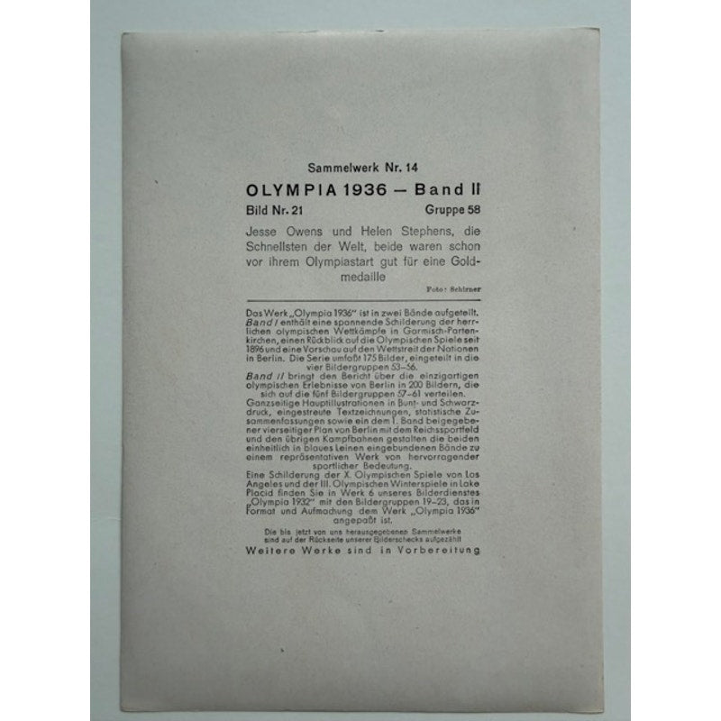 Large Size 1936 Olympia Jesse Owens Card USA Olympic Gold Medal Track and Field