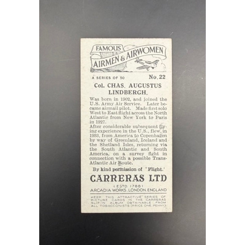 1936 Carreras Charles Lindbergh Tobacco Card Spirit of St. Louis Famous Airmen and Airwomen