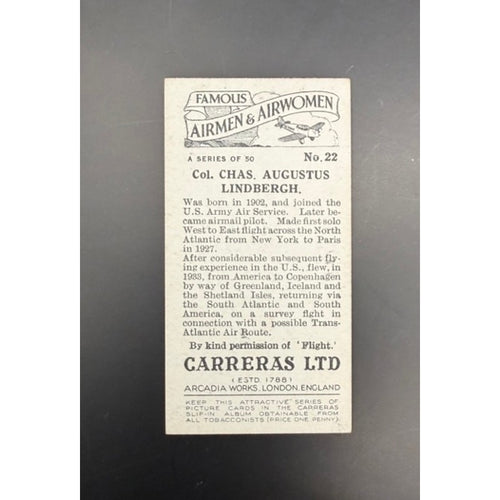 1936 Carreras Charles Lindbergh Tobacco Card Spirit of St. Louis Famous Airmen and Airwomen