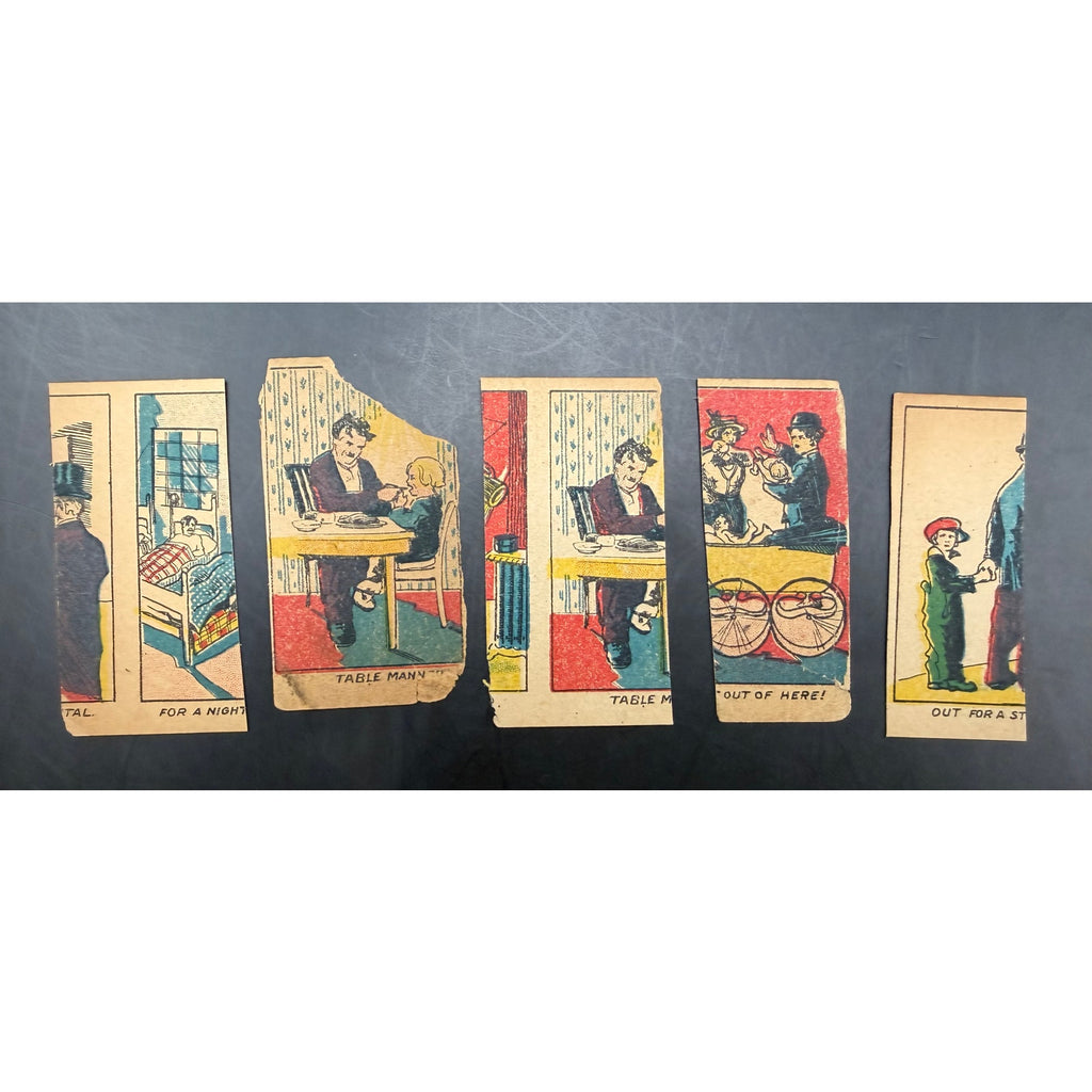 5 - 1920s The Kid Partial Strip Cards Charlie Chaplin, Hollywood Charles Chaplin, Modern Times, Gold Rush, Pay Day, A Dogs Life, Limelight