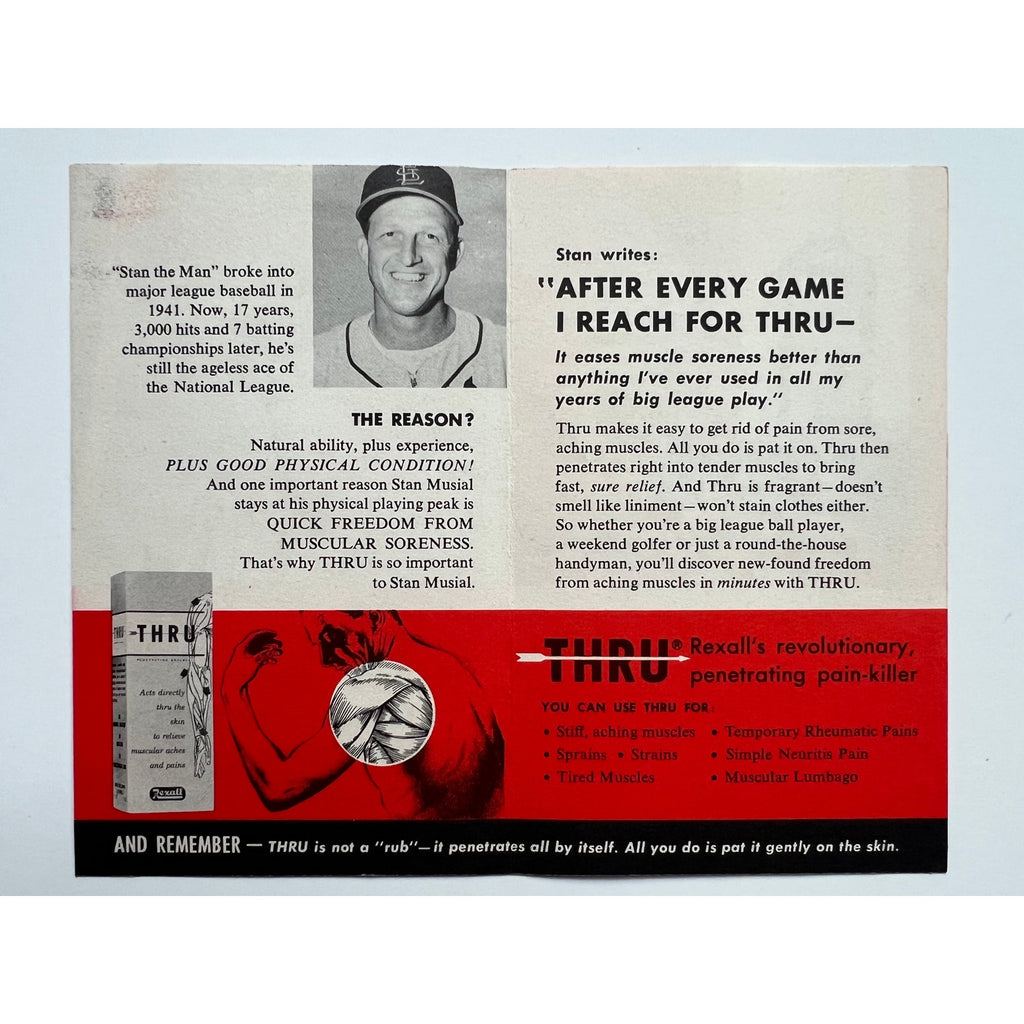 RARE Rexall Thru Ad 1958 Stan Musial Pamphlet Baseball St. Louis Cardinals HOF, Stan the Man, Advertisement Booklet, All Star