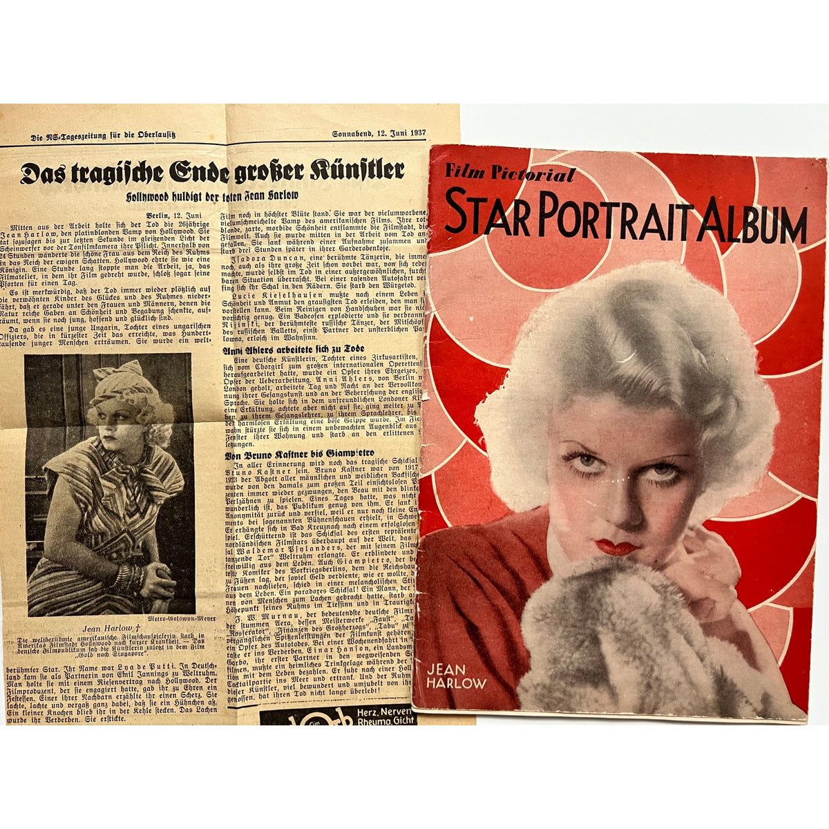 RARE 1937 Jean Harlow Magazine Star Portrait Album, German Newspaper Death Clip