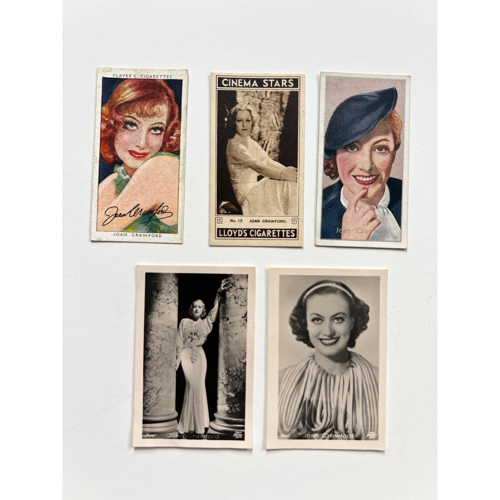 5 RARE 1930s Joan Crawford Tobacco Cards Ross, Carreras, Hollywood, Grand Hotel, Sadie McKee, Today We Live, Night Gallery