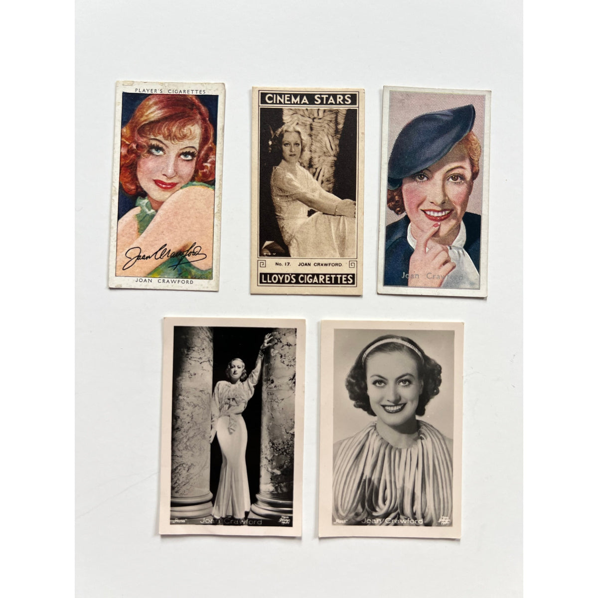 5 RARE 1930s Joan Crawford Tobacco Cards Ross, Carreras, Hollywood, Grand Hotel, Sadie McKee, Today We Live, Night Gallery
