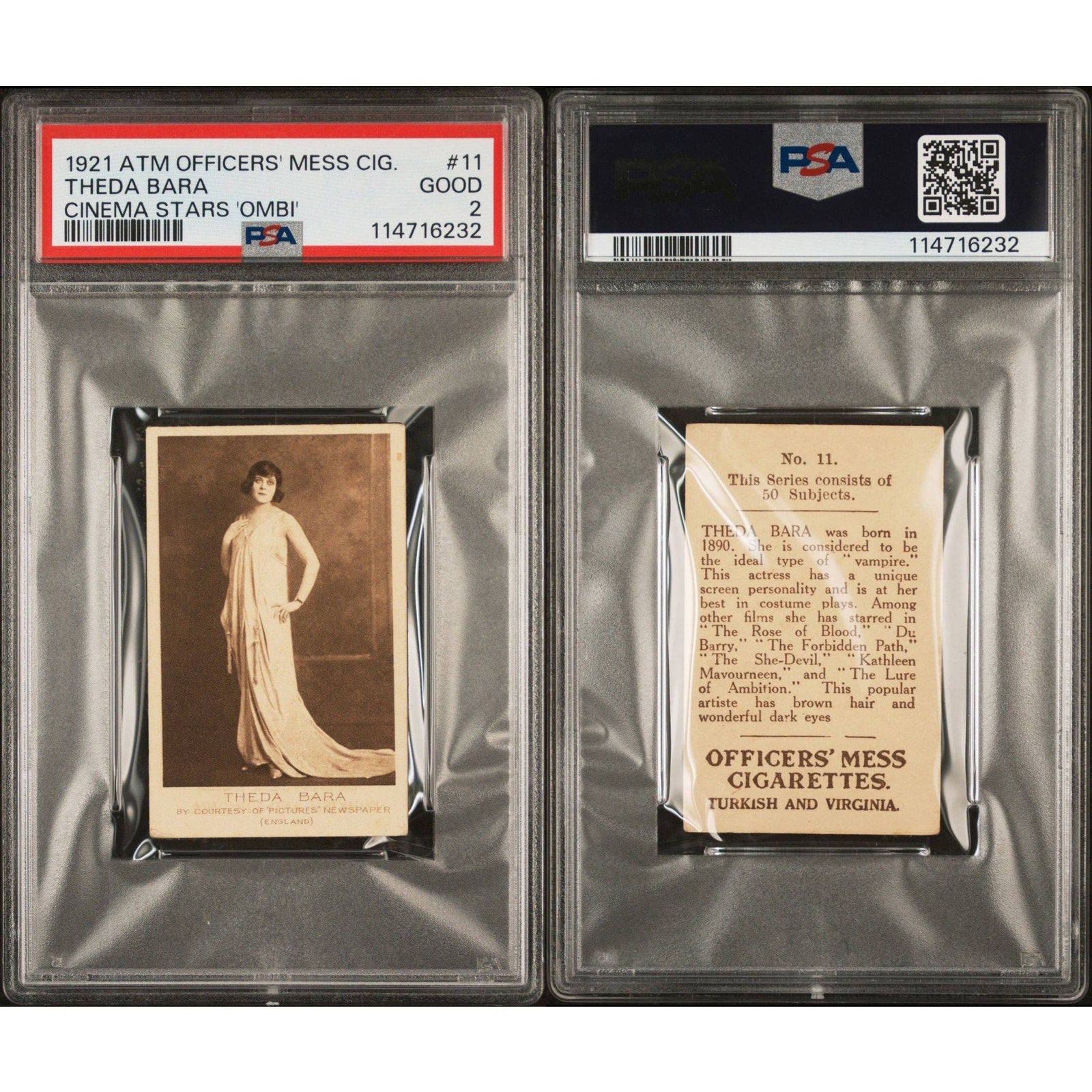 1921 ATM Officers Mess Cigarettes Theda Bara Tobacco Card PSA 2 Only One Graded! Vamp Cleopatra Salome