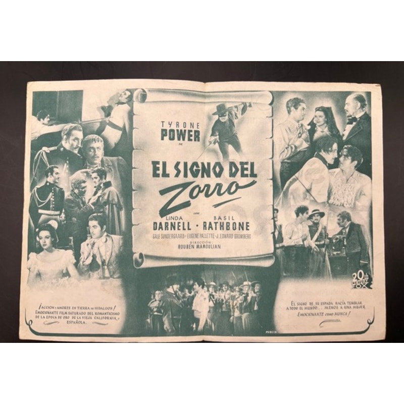 1940s Spanish Mark of Zorro Movie Herald Handbill Tyrone Power, Basil Rathbone, Hollywood, Don Diego, Ty Power