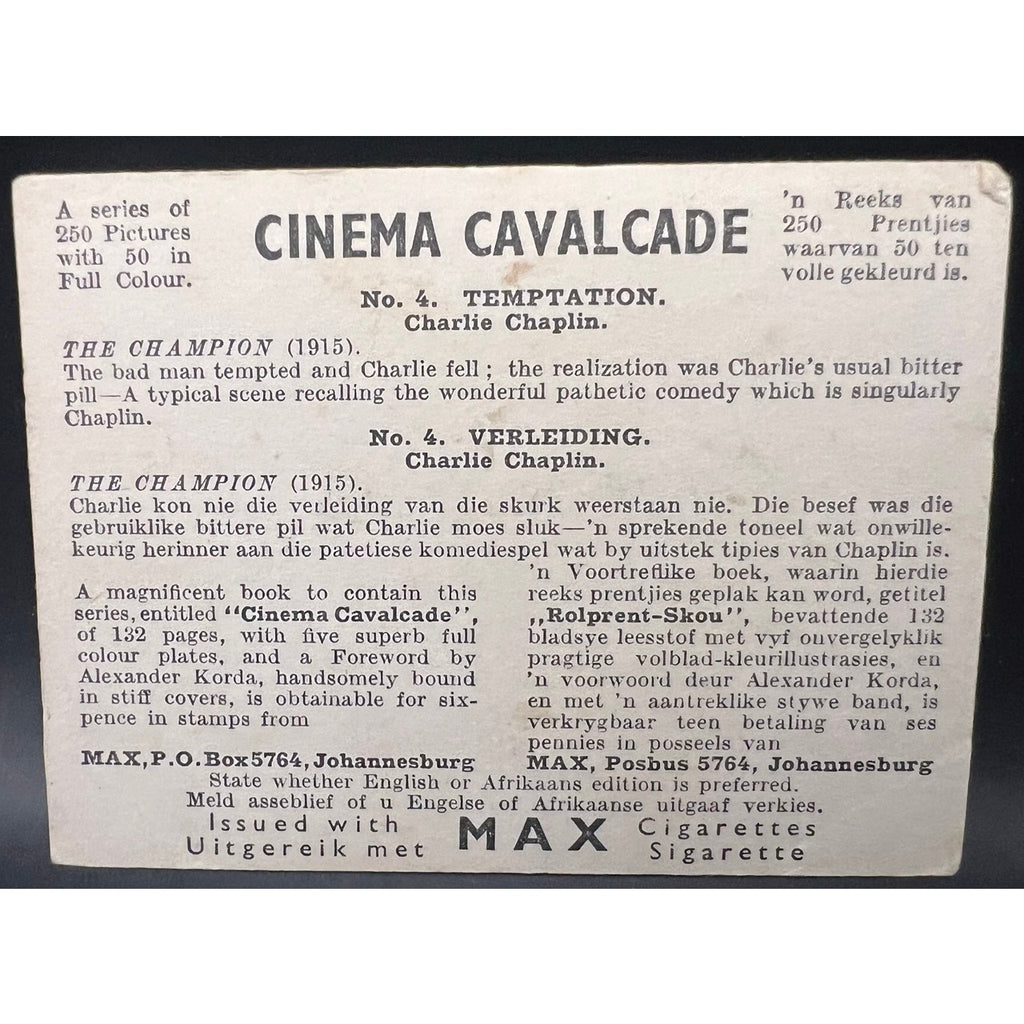 1940 Cinema Cavalcade Charlie Chaplin Cigarette Card The Champion 1915 Charles Chaplin Tobacco Card Modern Times City Lights