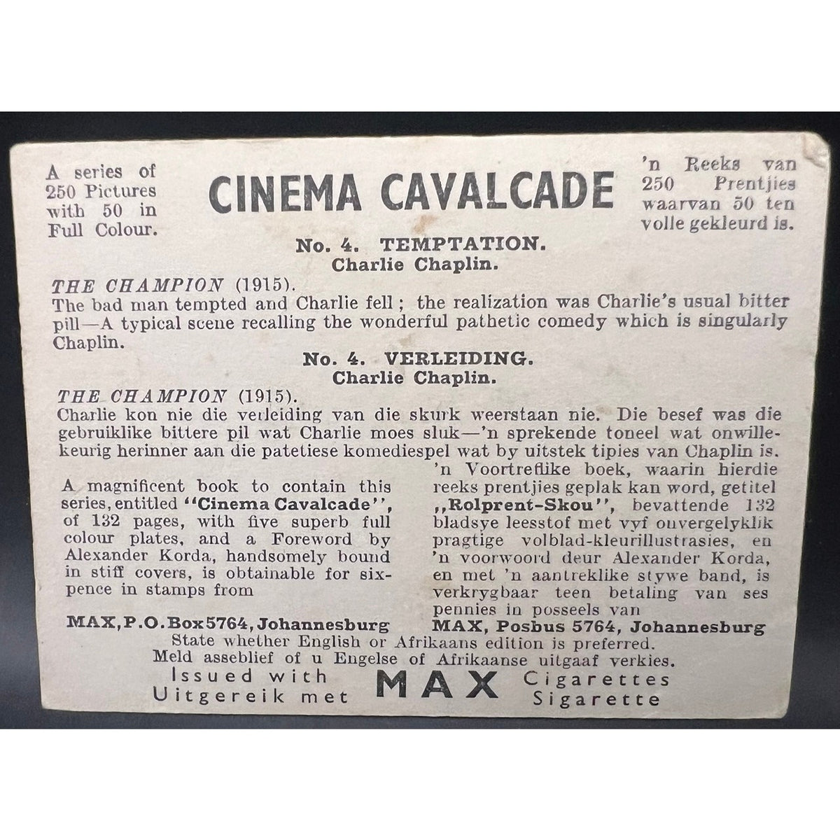 1940 Cinema Cavalcade Charlie Chaplin Cigarette Card The Champion 1915 Charles Chaplin Tobacco Card Modern Times City Lights