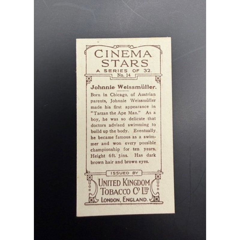 Rare 1933 United Kingdom Cinema Stars Tarzan Johnny Weissmuller Card Ape Man, Hollywood, Olympian Swimmer