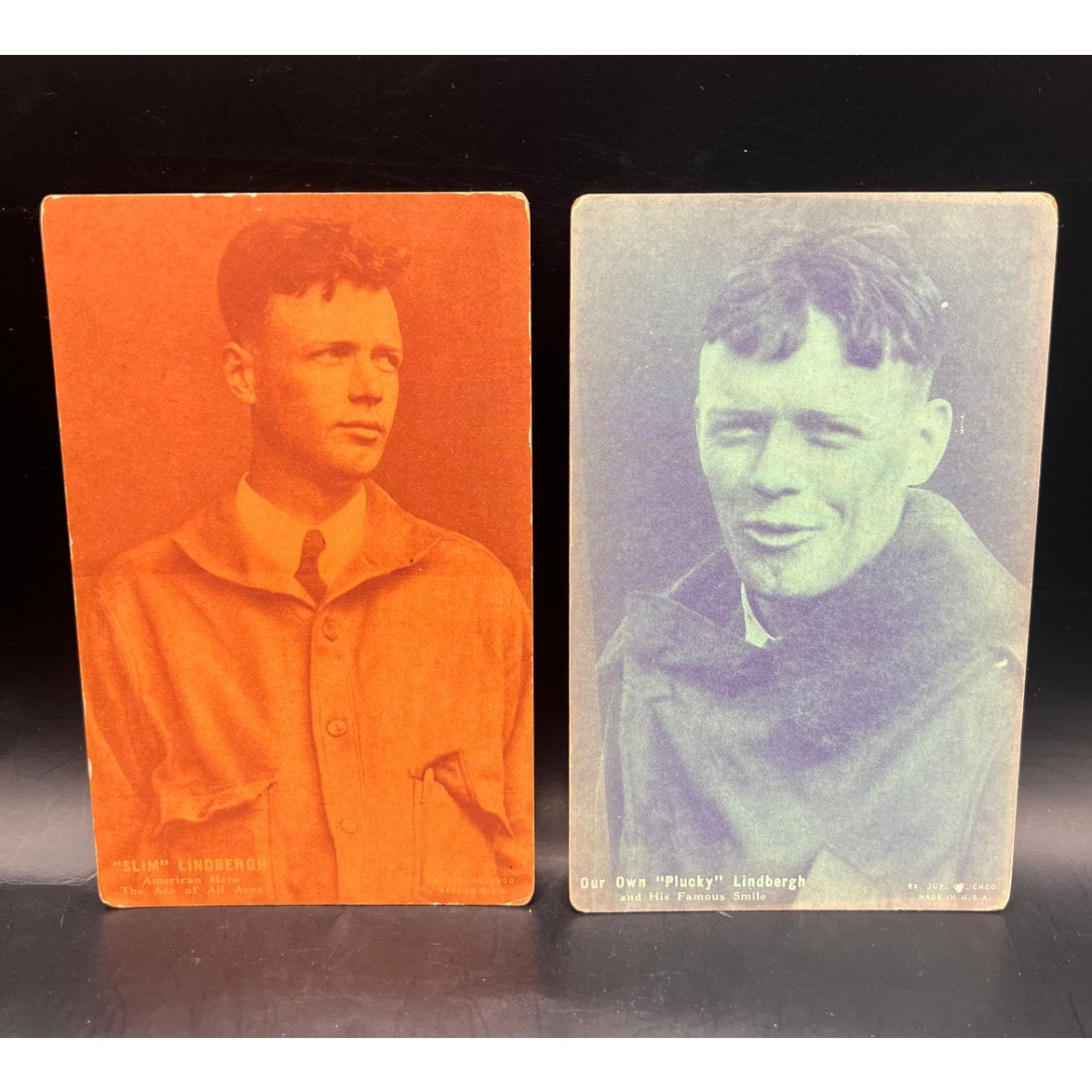 2 Color Tinted 1920s Charles Lindbergh Exhibit Cards Spirit of St Louis Postcard, Lindy, Aviator