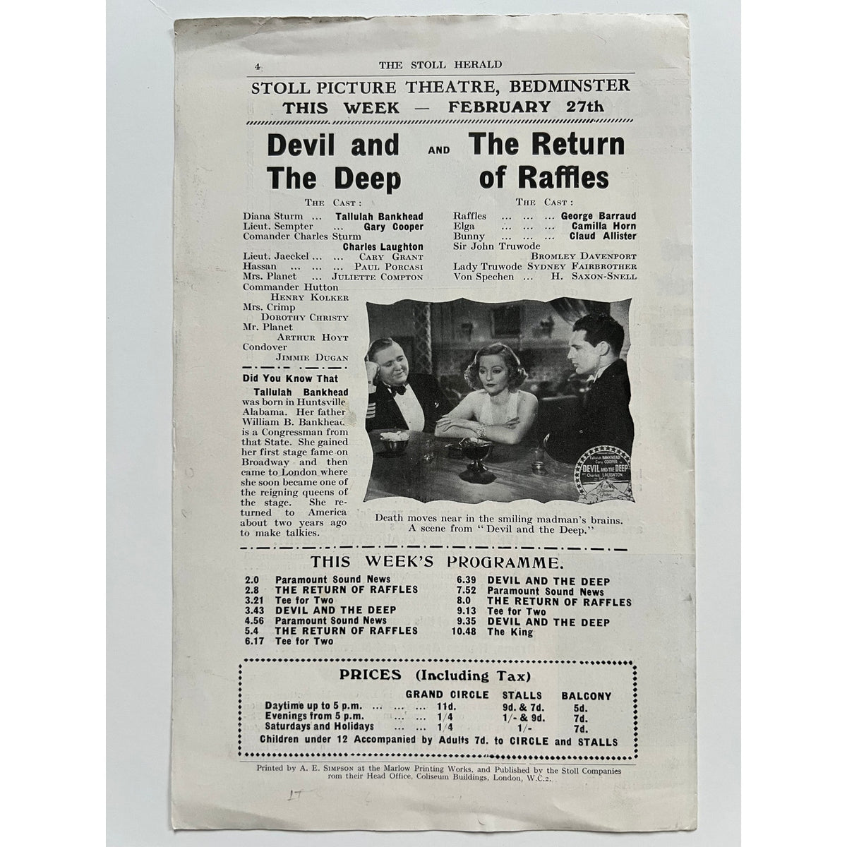 Rare 1932 UK Claudette Colbert and Conrad Veidt Movie Program Bedminster Stoll, Rome Express, The Man from Yesterday, Casablanca