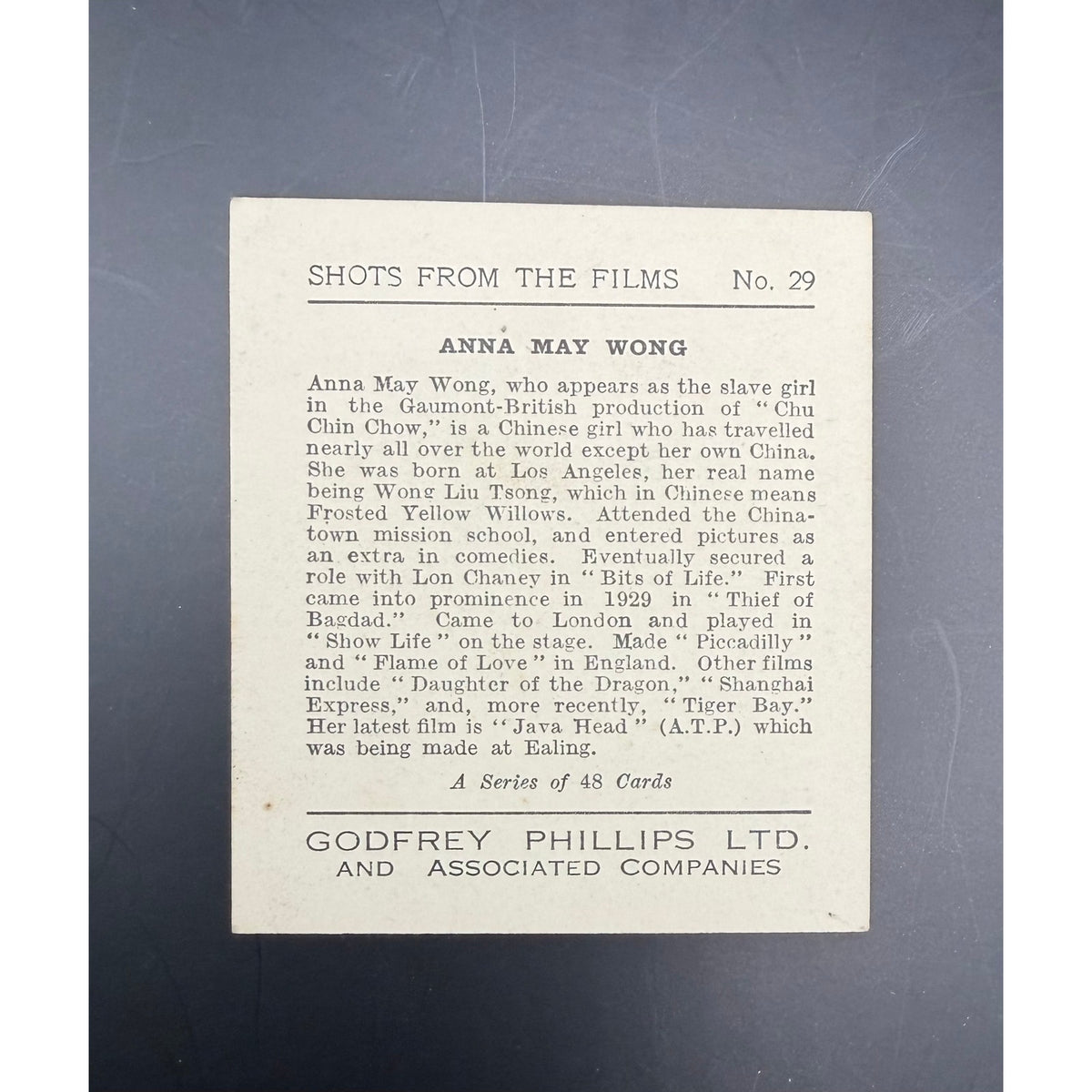 1934 Godfrey Phillips Anna May Wong Card Shots from the Films Chu Chin Chow, Daughter of the Dragon, Their of Bagdad, Mayfair Mannequin