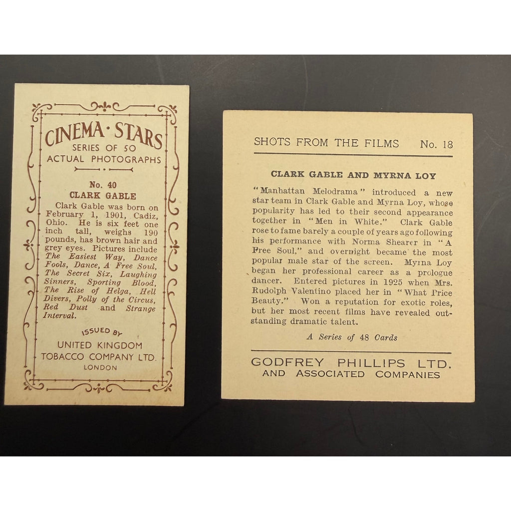 2 RARE 1930s Clark Gable Cards Gone with the Wind, Misfits, Mutiny on the Bounty, It Happened One Night, Hold You Man, Red Dust