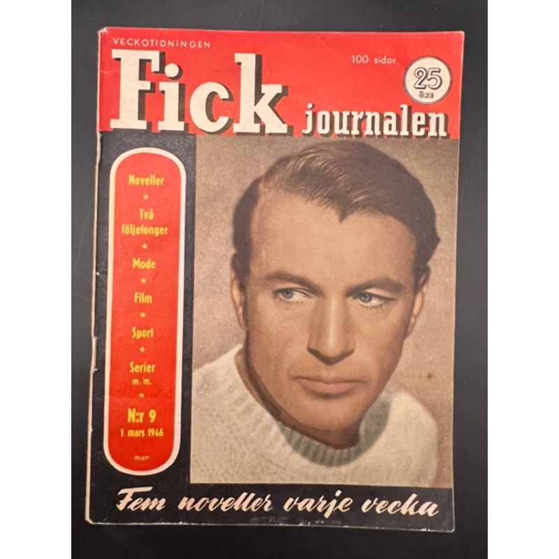RARE Swedish 1946 Gary Cooper Magazine Fick Journalen, Pride of the Yankees, Marco Polo, Sergent York, High Noon, Wings, The Virginian