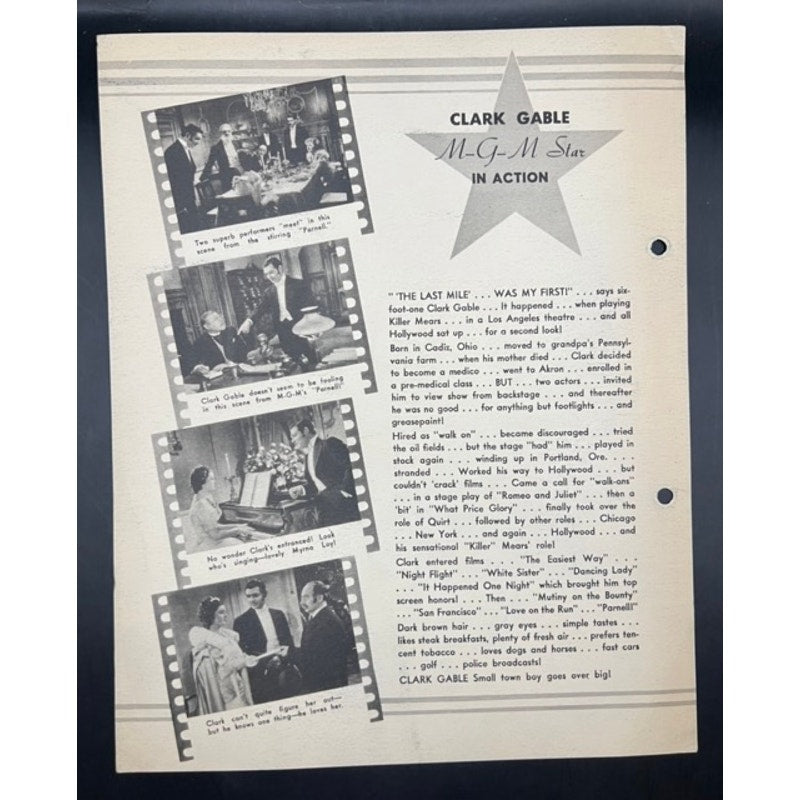 RARE Oversized 1937 Clark Gable Photo Card MGM Parnell Gone with the Wind, The Misfits, It Happened One Night, Saratoga