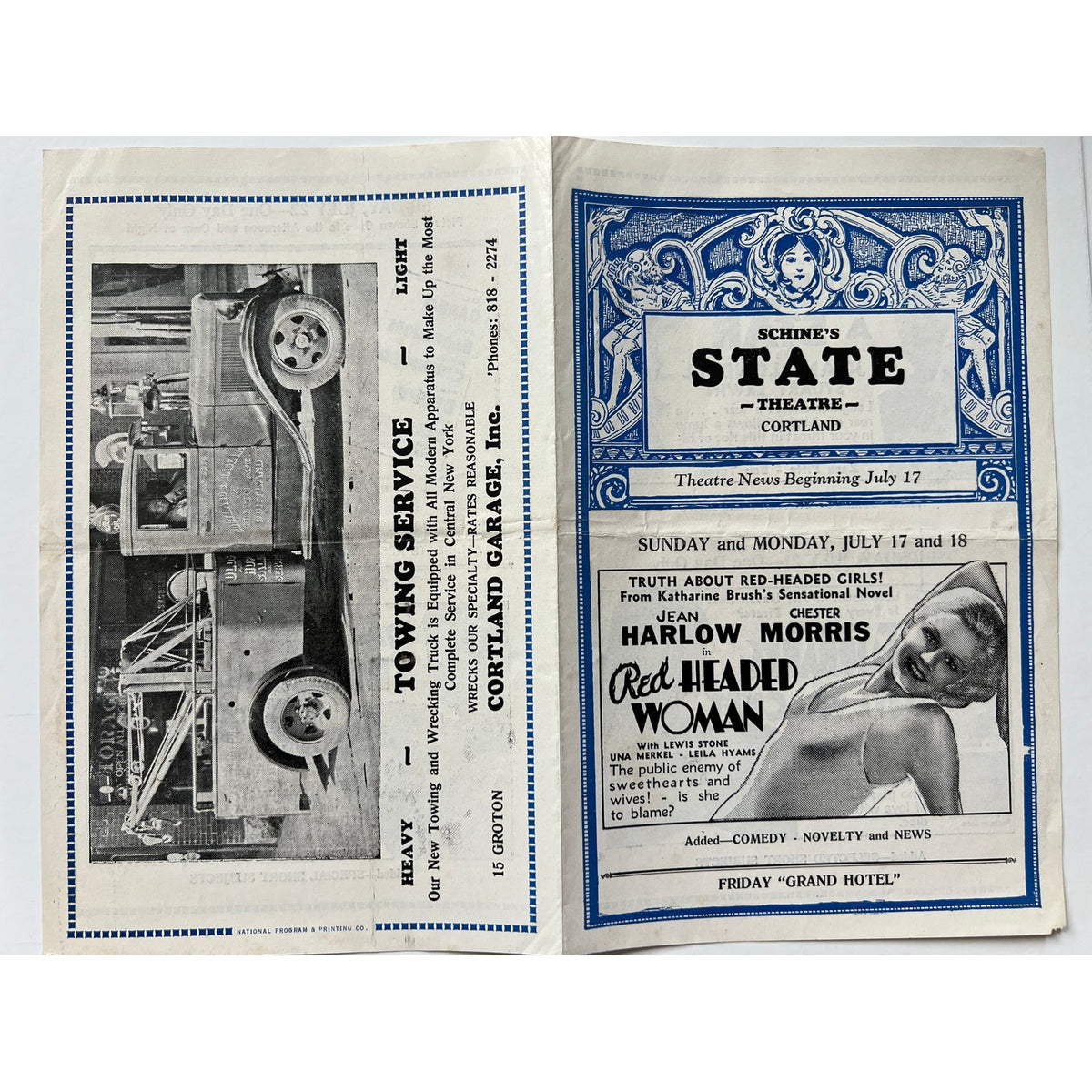 RARE 1932 Jean Harlow Movie Program Red Headed Woman, Grand Hotel, Fairbanks, Garbo, Barrymore, Dinner at Eight, Saratoga, Hollywood
