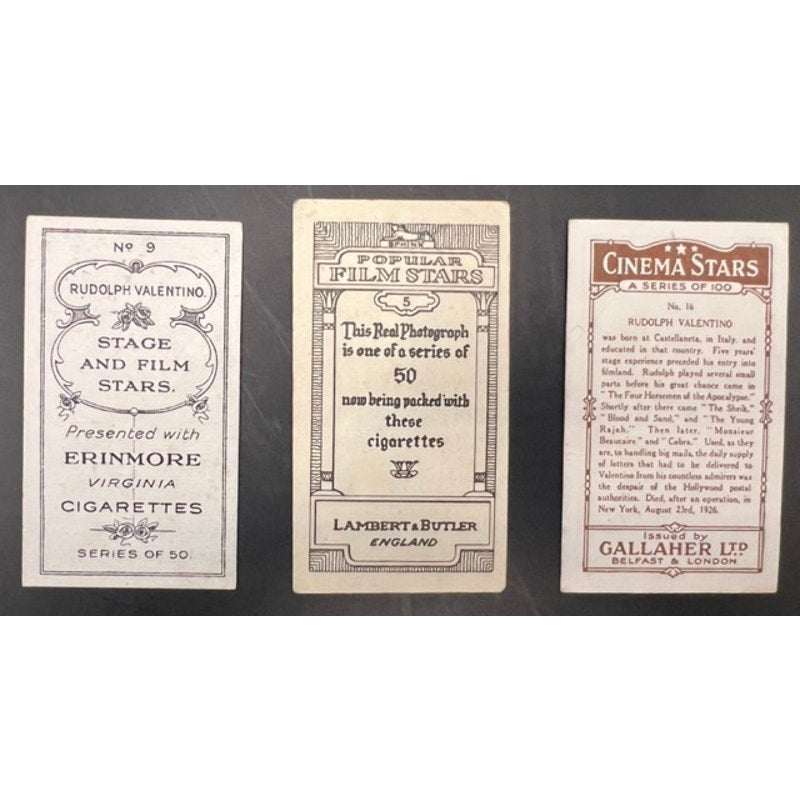 3 Rare 1920s UK Rudolph Valentino Tobacco Cards Cigarette Cards Strip Card The Eagle, The Sheik, Sainted Devil, Beyond the Rocks, Blood and Sand