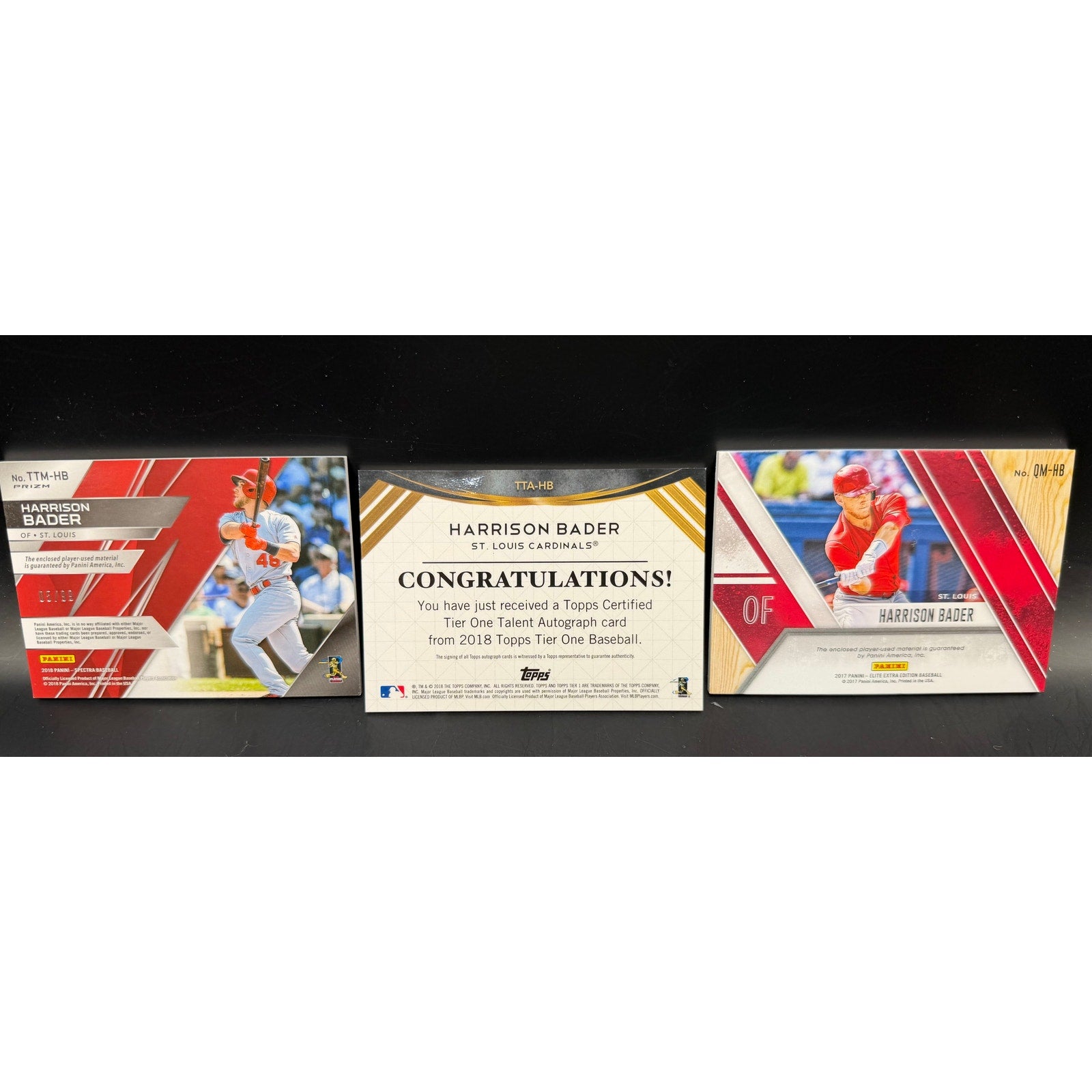 Three 2017-18 Harrison Bader Auto Rookie, RC, Relics St Louis Cardinals, San Francisco Giants