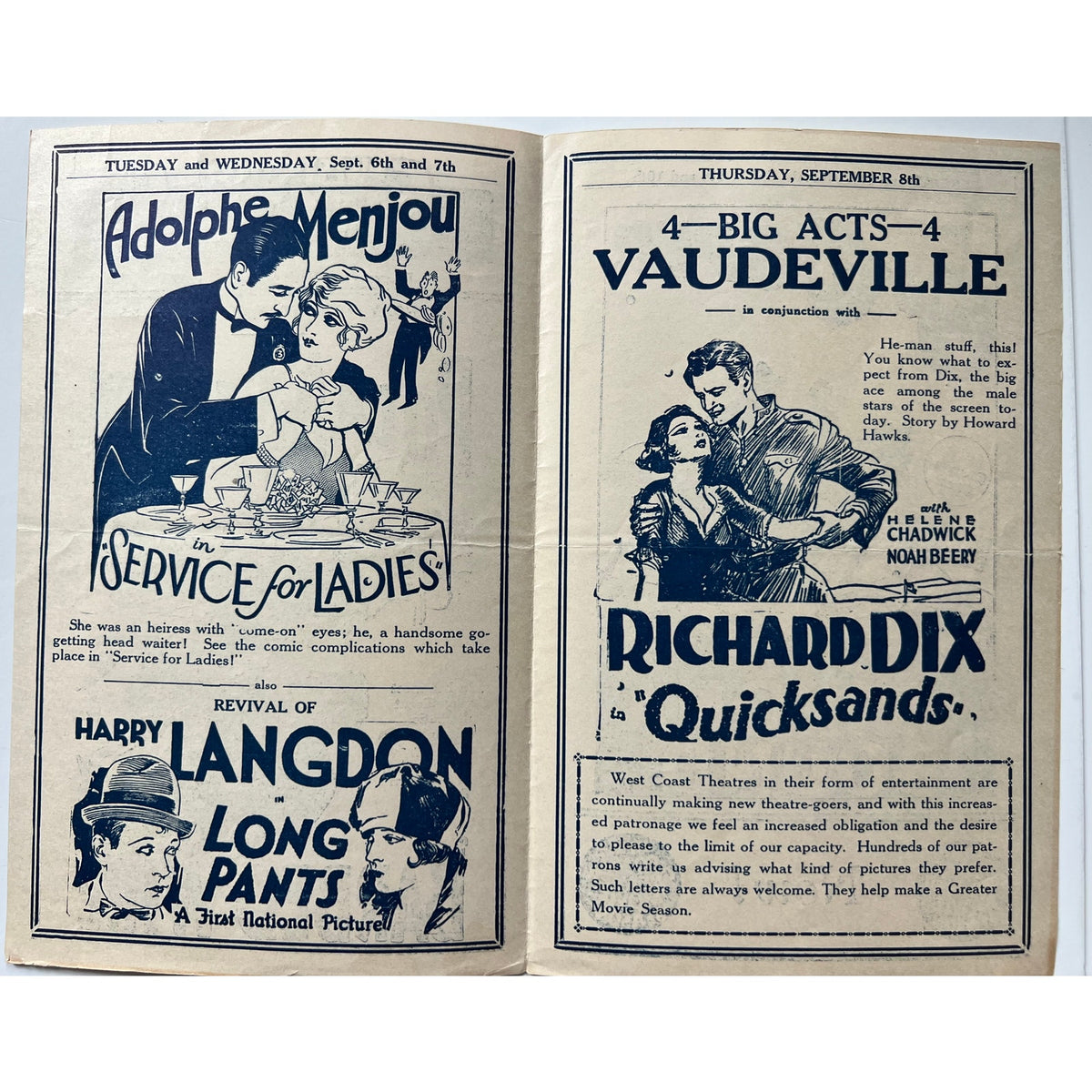 RARE 1927 Gary Cooper, Richard Dix, Pola Negri, Adolphe Menjou Movie Program, Hollywood, Silent Movies