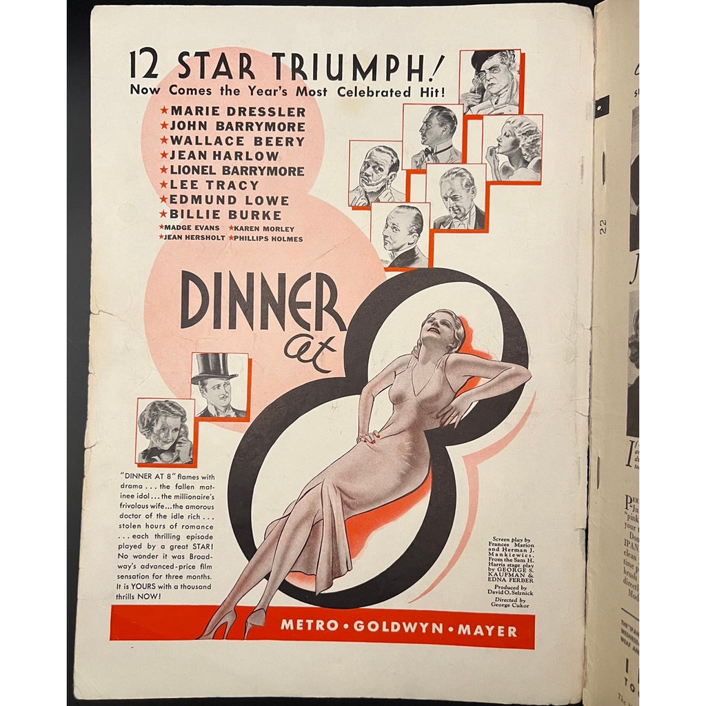 1934 New Movie Mae West Magazine Hollywood Jean Harlow Dinner at Eight Film, Klondike Annienner at Eight Film