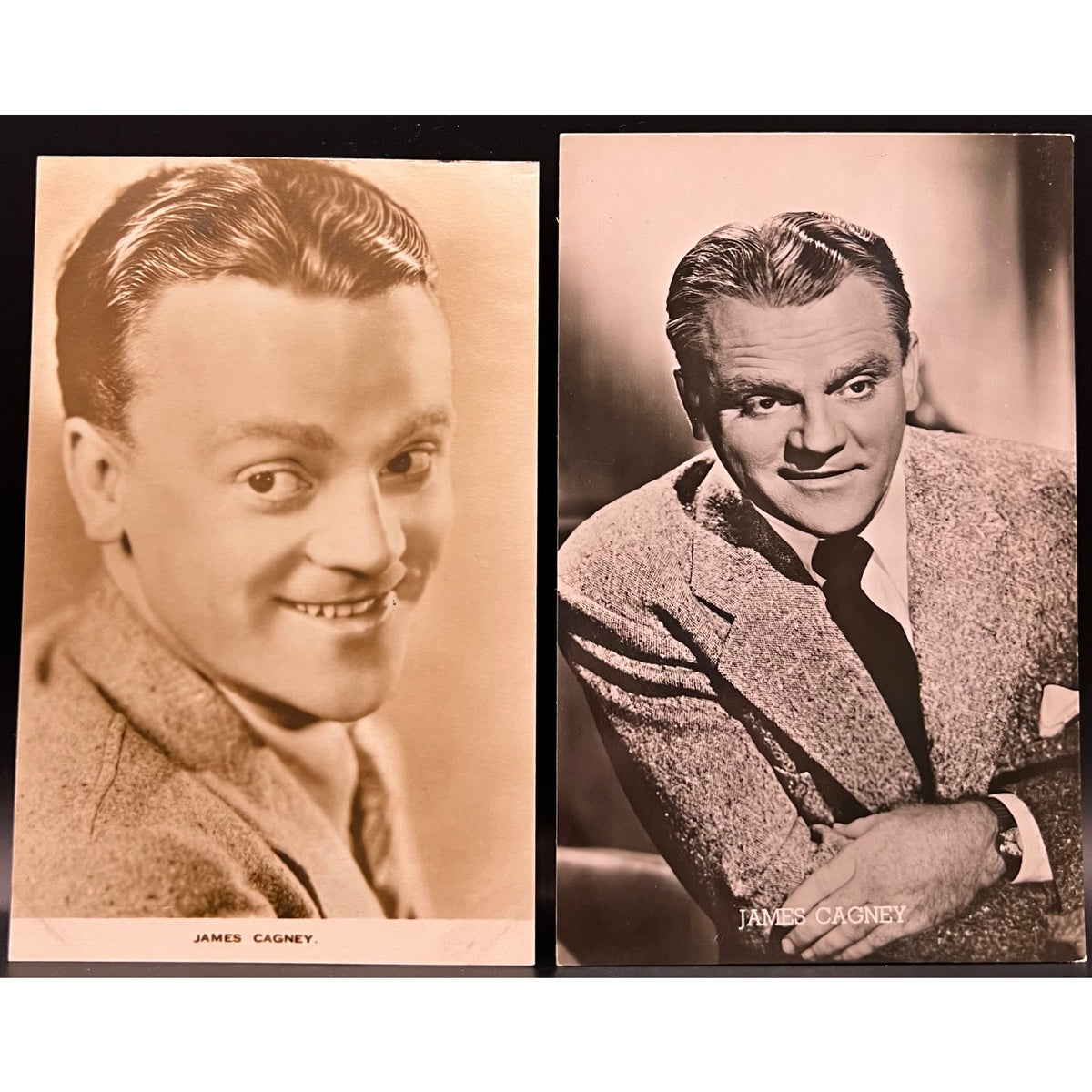 2 Unused 30's-40's James Cagney Exhibit Postcards Yankee Doodle Dandy, White Heat, Public Enemy, Blonde Crazy, Footlight Parade