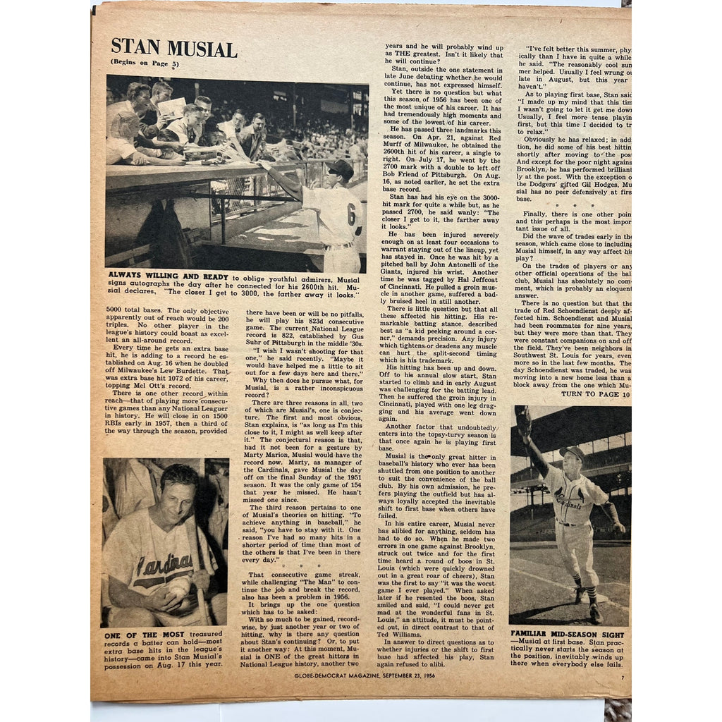 RARE St. Louis Globe-Democrat Magazine 1956 Stan Musial St. Louis Cardinals, Stan the Man, HOF, MLB, Baseball