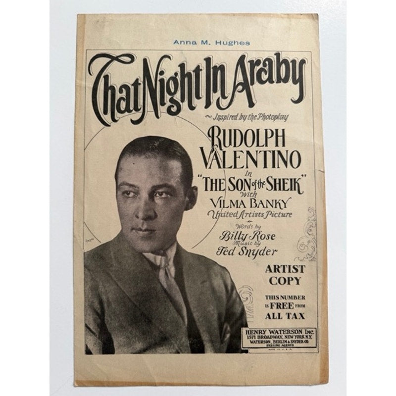 RARE 1926 Artist Copy Rudolph Valentino Sheet Music Son of the Sheik, That Night in Araby, The Sheik, Blood and Sand, Sainted Devil, Cobra
