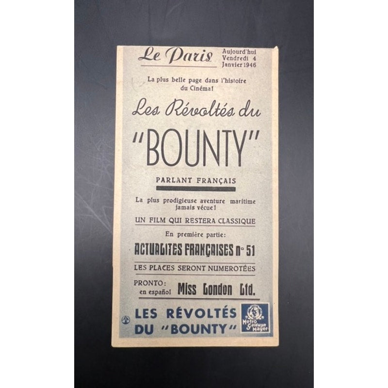 1946 Spanish Clark Gable Movie Herald Handbill Mutiny on the Bounty Hollywood, Gone with the Wind, Fletcher Christian, Misfits