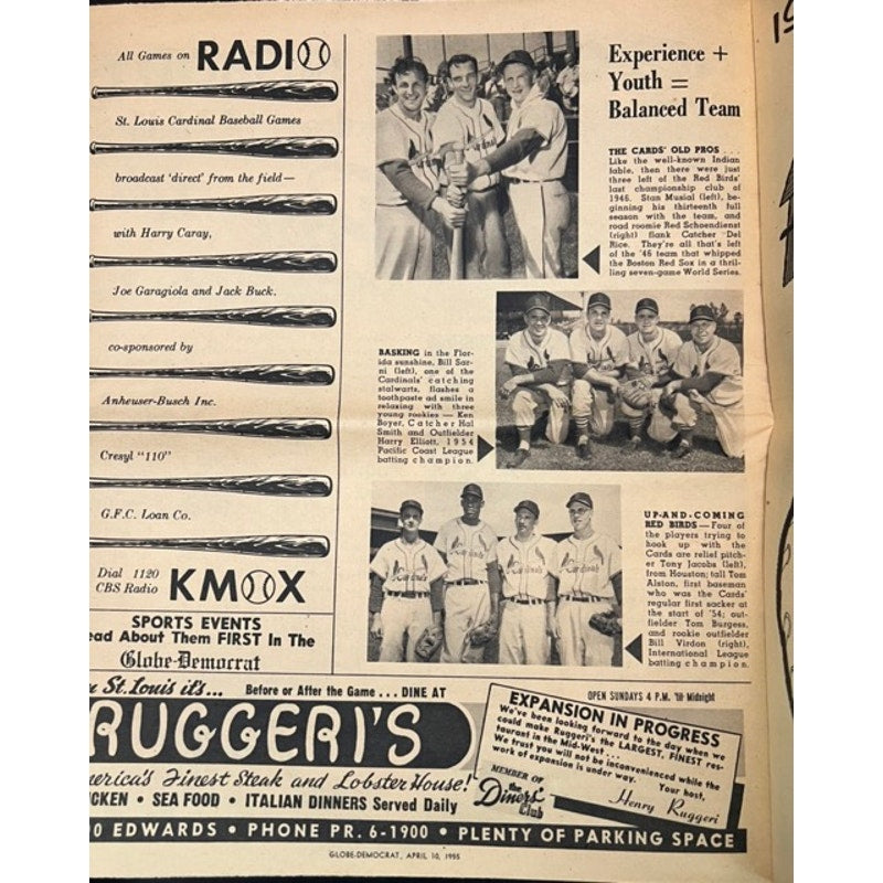 1955 St. Louis Globe Democrat Cardinals Section Stan Musial Hunters Hot Dog Baseball Cards, Stan the Man, 1955 Cardinals, World Champs