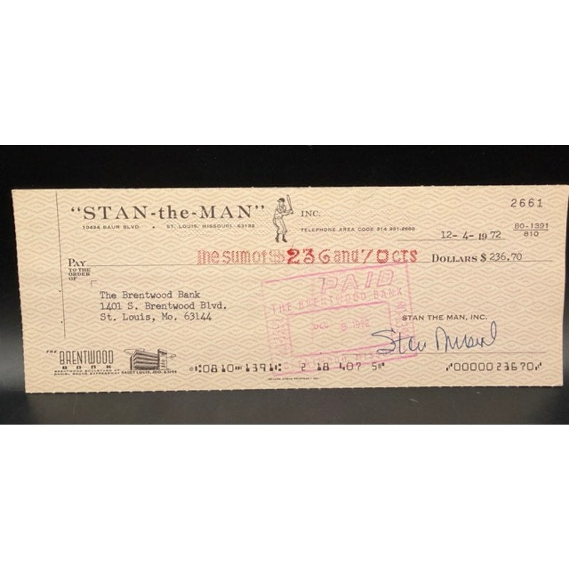 1972 Stan Musial Autographed Stan the Man Business Check St. Louis Cardinals MLB, HOF, Baseball, World Series Champion