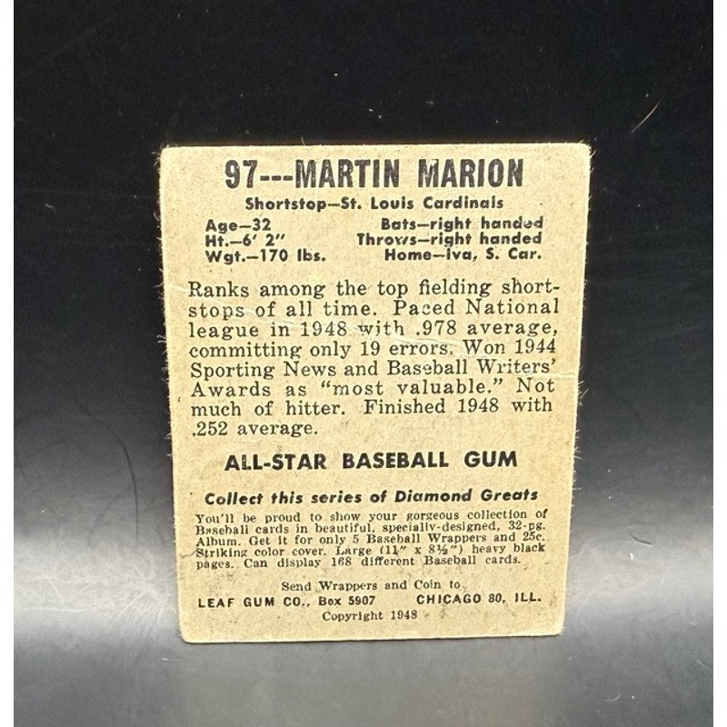 1949 Leaf Martin Marion Rookie Card, St. Louis Cardinals Baseball Card Marty Marion, World Series Champion