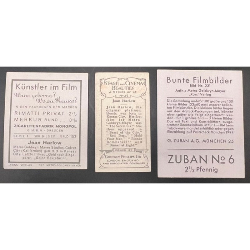 3 RARE German UK 1930s Jean Harlow Tobacco Cards Cigarette Cards Hollywood Dinner at Eight, Public Enemy, Saratoga