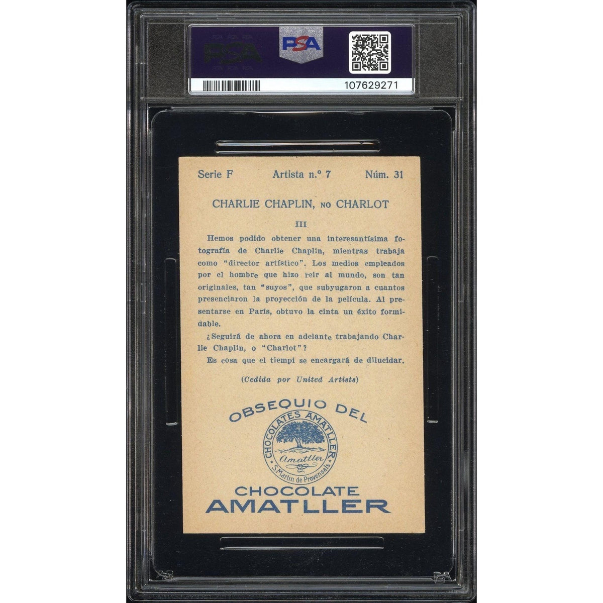 Crazy Rare 1920’s Chocolate Amatller Charlie Chaplin PSA 2.5 Only 2 Graded Modern Times Hollywood Silent Movie Gold Rush Charles Chaplin