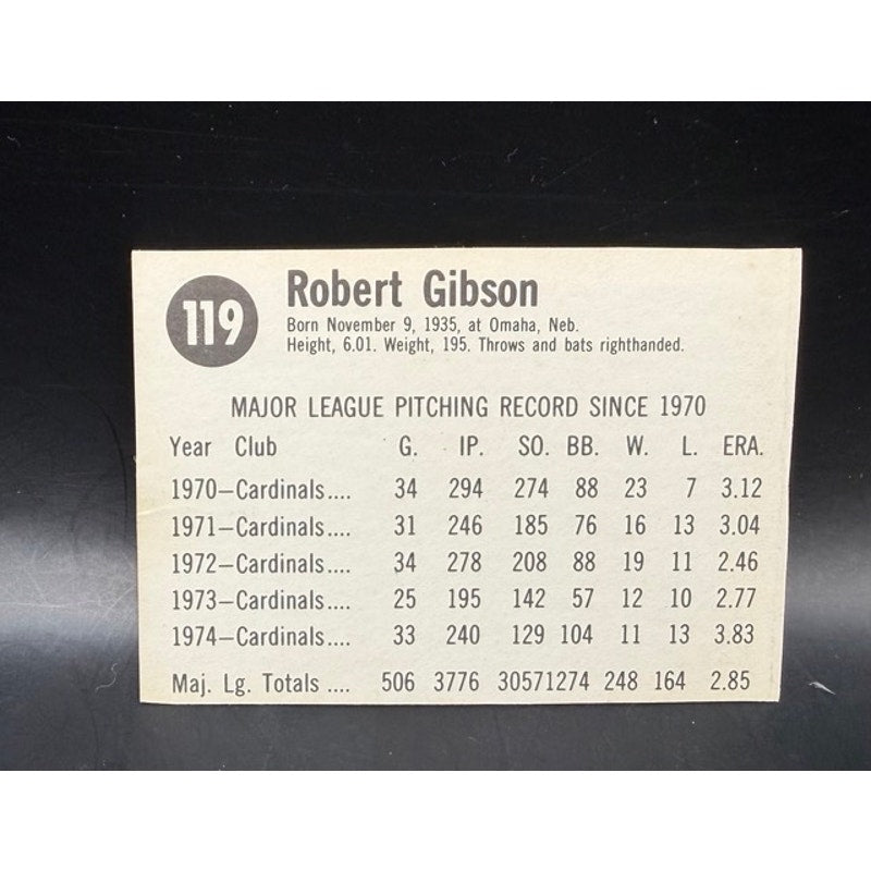 1975 Hostess Bob Gibson Baseball Card St. Louis Cardinals, Gibby, HOF, SHARP, Cy Young, World Series Champion, Rochester