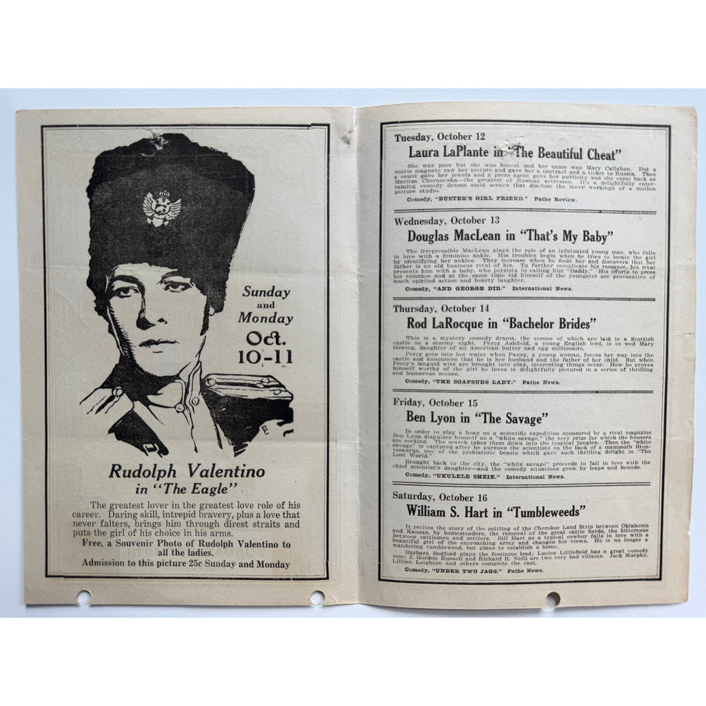 1925 Movie Program Rudolph Valentino The Eagle, Circle Theater, Lloyd, Keaton, The Sheik, Blood and Sand, Beyond the Rocks, Sainted Devil