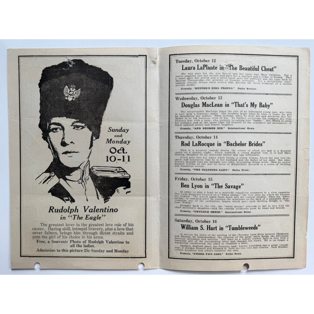 1925 Movie Program Rudolph Valentino The Eagle, Circle Theater, Lloyd, Keaton, The Sheik, Blood and Sand, Beyond the Rocks, Sainted Devil