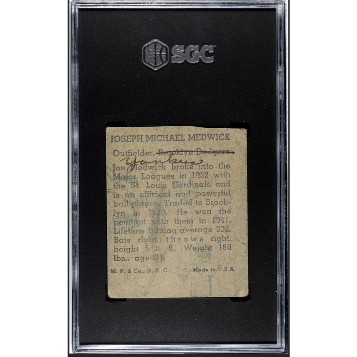 1943 M.P. & CO. Joe Medwick SGC St Louis Cardinals Ducky Medwick Brooklyn Dodgers, New York Yankees, Triple Crown, HOF, Baseball Card