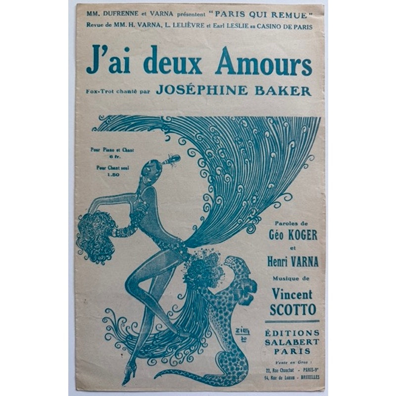 Gorgeous French 1930 Josephine Baker Music Art by Zig J'ai deux Amours, Black Venus, Dancer, Singer, Actress, Siren of the Tropics