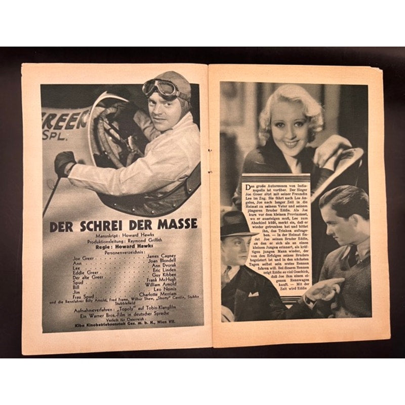 RARE German 1932 James Cagney Movie Program Herald The Crowd Roars, Race Car, Joan Blondell, Yankee Doodle Dandy, Public Enemy, Roaring 20s