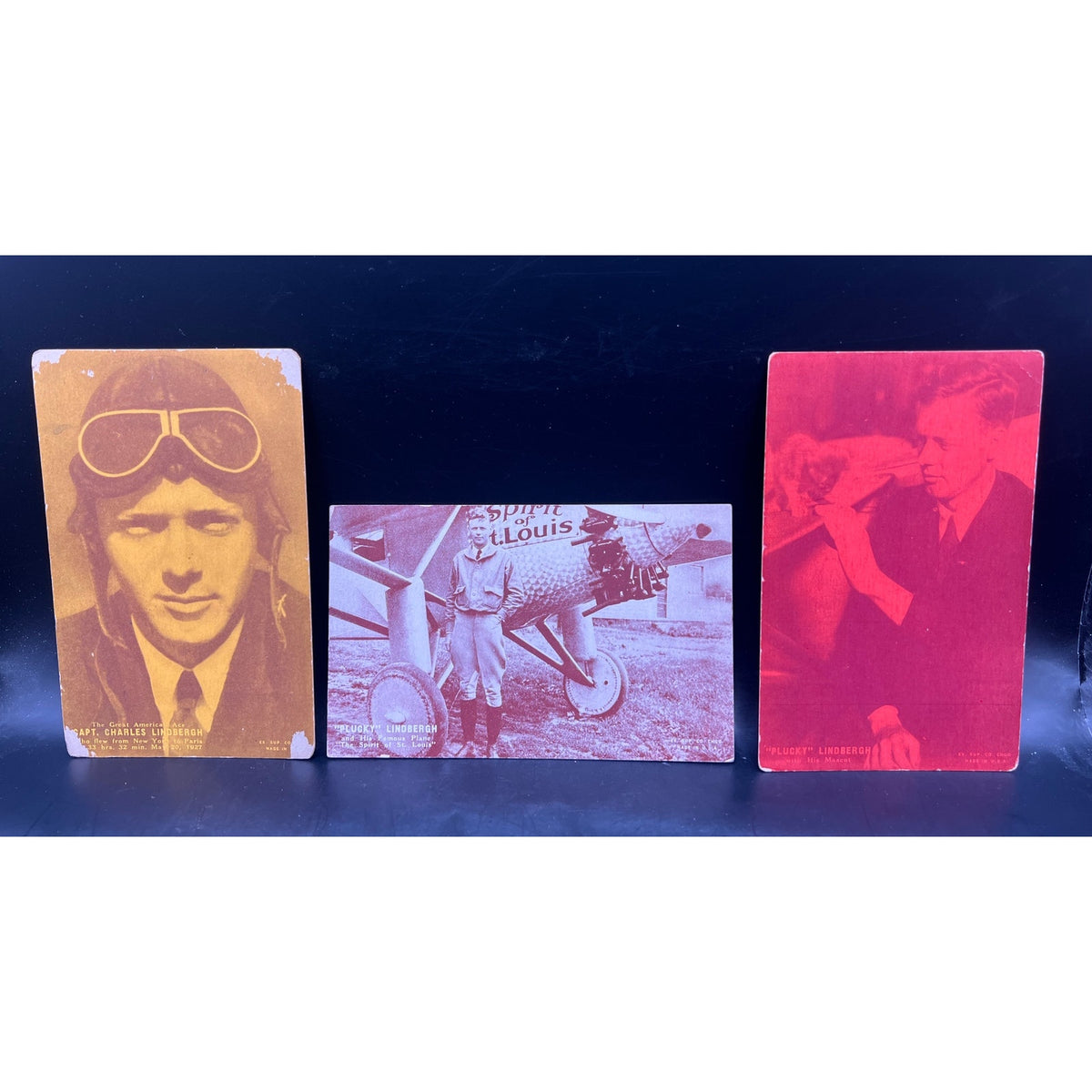 3 Color Tinted 1920s Charles Lindbergh Exhibit Cards Spirit of St Louis Postcards, Aviator, Lucky Lindy, Transatlantic
