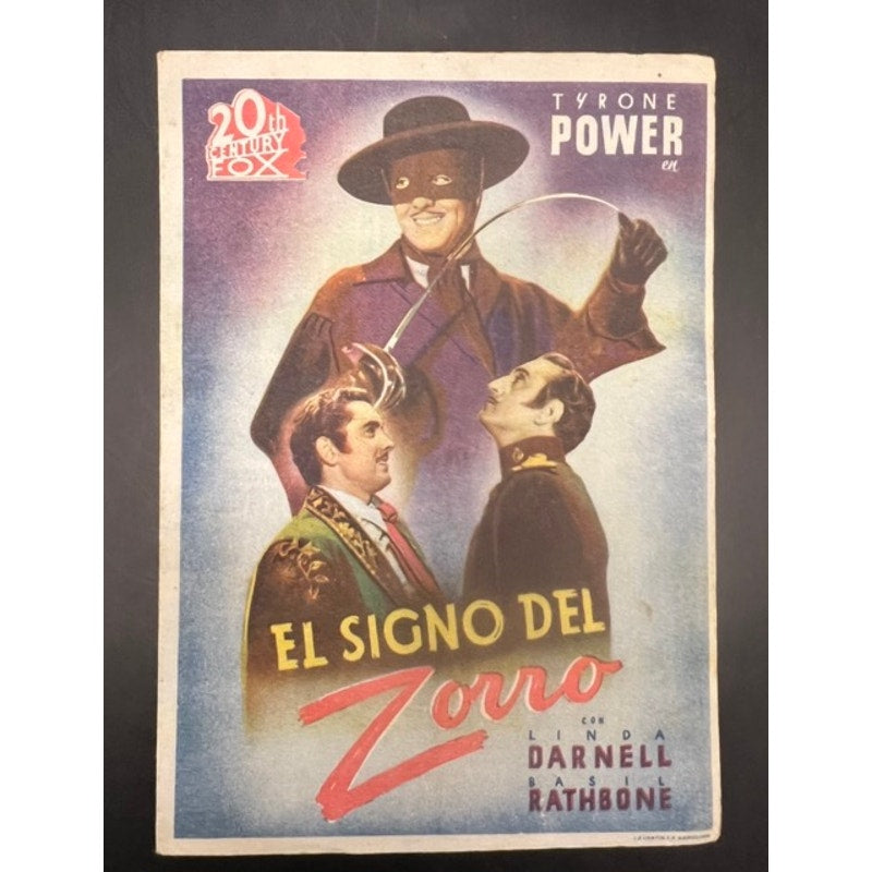 1940s Spanish Mark of Zorro Movie Herald Handbill Tyrone Power, Basil Rathbone, Hollywood, Don Diego, Ty Power