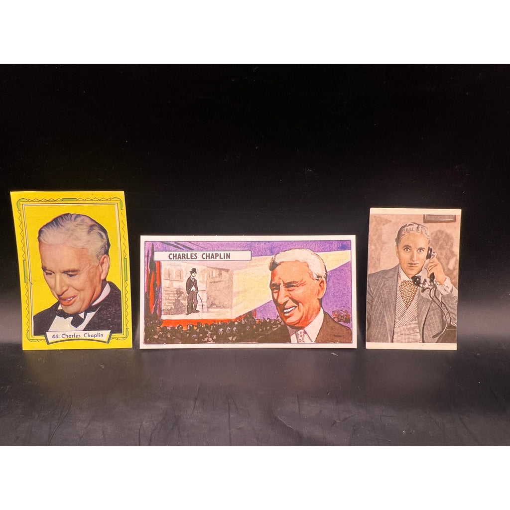 3 Charlie Chaplin Cards Modern Times, The Kid, Monsieur Verdoux, Charles Chaplin, Gold Rush, Limelight, The Great Dictator, The Circus