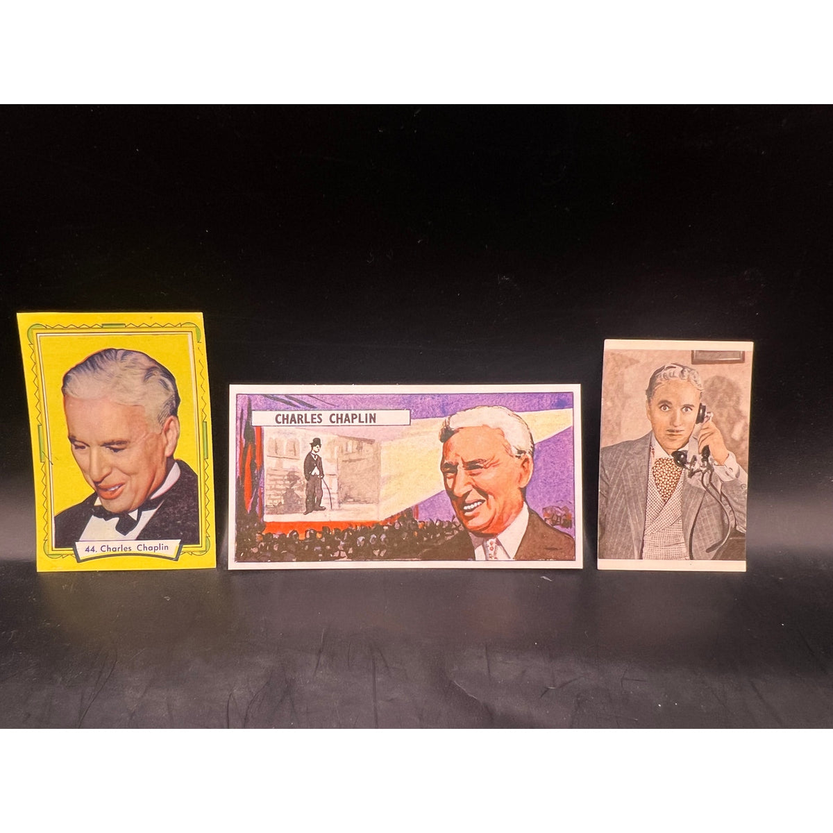 3 Charlie Chaplin Cards Modern Times, The Kid, Monsieur Verdoux, Charles Chaplin, Gold Rush, Limelight, The Great Dictator, The Circus