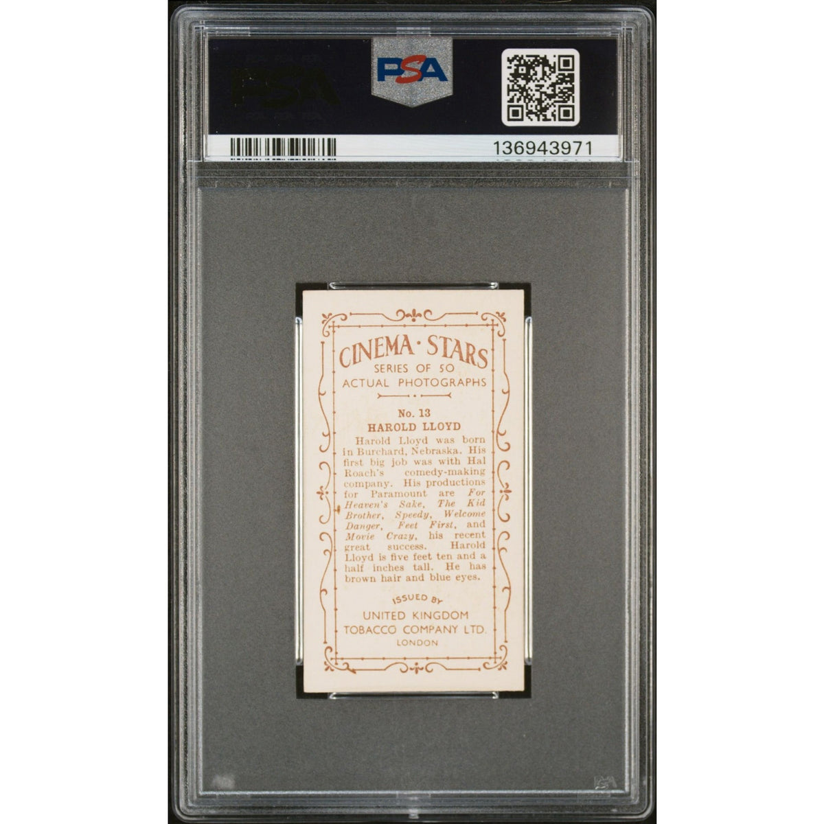 RARE 1934 United Kingdom Tobacco Harold Lloyd PSA 4, Only 5 Graded! Safety Last, Freshman, Girl Shy, Speedy, Slilent Film, Hollywood